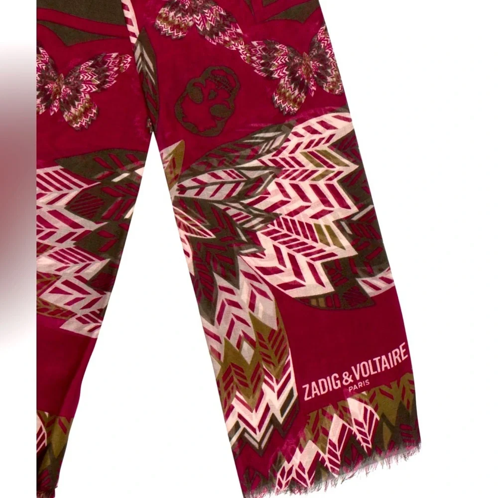 Zadig & Voltaire KERRY Butterfly Skull Feather Scarf 🧣 red NWT $198